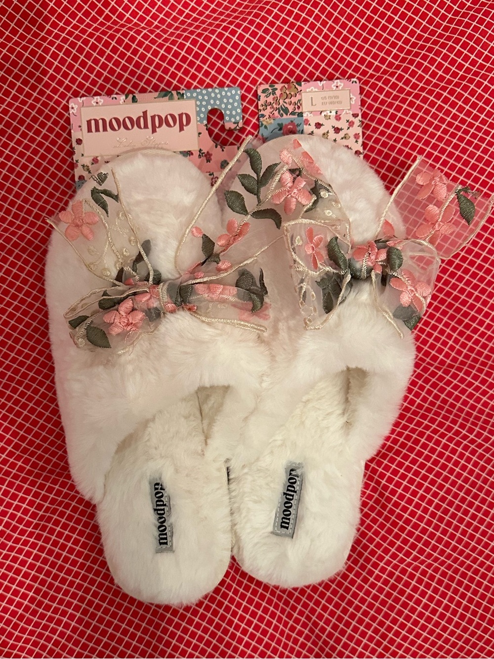 Women’s White Fuzzy Slippers with Pink Floral Bow
